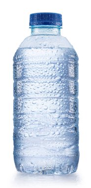 Plastic bottle of chilled water with condensation drops. File contains clipping path.