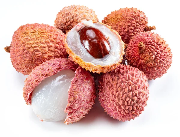 Fruits Litchi Entiers Ouverts Isolés Sur Fond Blanc — Photo