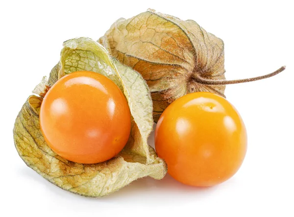 Ripe physalis or golden berry fruits in calyx isolated on white background.