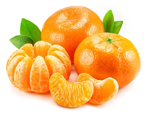 Ripe Tangerine Fruits Leaf Mandarin Slices White Background — ストック写真