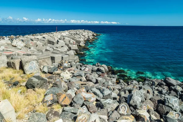 Retrato Graffiti Artistas Famosos Músicos Cantantes Sobre Piedras Rompeolas Santa — Foto de Stock