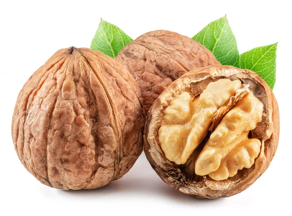 Walnuts Walnut Kernel Green Leaves Isolated White Background — Foto Stock