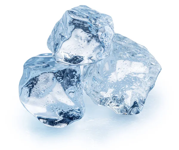 Three melting ice cubes covered with small water drops closeup. File contains clipping paths.
