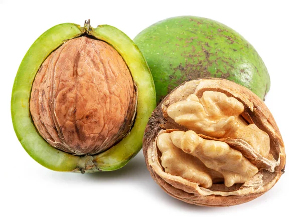 Fresh Walnuts Green Husk Opened Walnut Kernel Isolated White Background — 스톡 사진