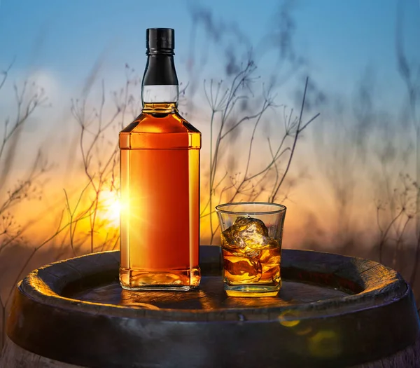 Whisky Bottle Glass Whisky Old Wooden Cask Beautiful Sunset Background —  Fotos de Stock