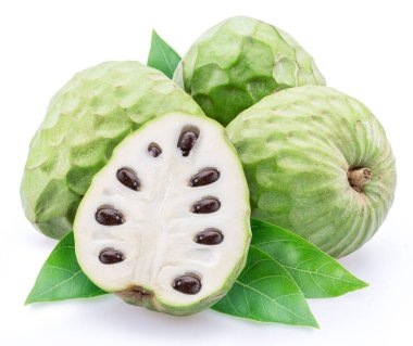 Custard apples or cherimoya fruits and slice of fruit isolated on white background.