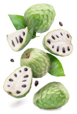 Custard apples or cherimoya fruits and slices of fruit on white background. File contains clipping paths.