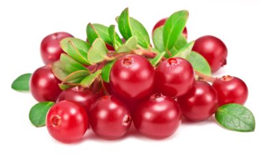 Cranberries and cranberry leaves isolated on white background.