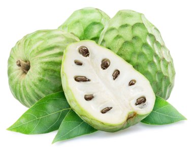 Custard apples or cherimoya fruits and slice of fruit isolated on white background.