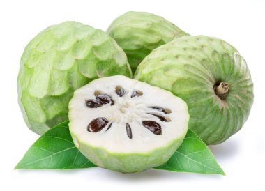 Custard apples or cherimoya fruits and slice of fruit isolated on white background.