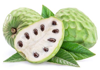 Custard apples or cherimoya fruits and slice of fruit isolated on white background.
