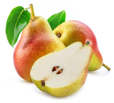 Yeşil yaprak beyaz arka plan üzerinde izole olgun armut.