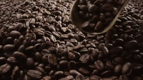 コーヒー豆はほとんどロースト煙で焙煎され カメラは徐々に多くのコーヒー豆に従って閉じます 少量のコーヒー豆がスクープからこぼれる — ストック動画