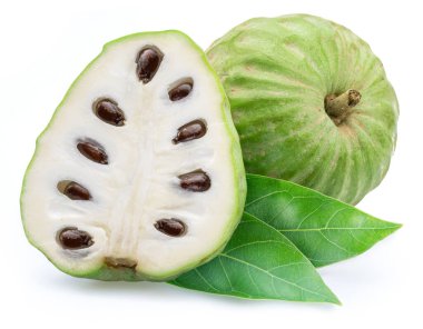 Custard apples or cherimoya fruits and slice of fruit isolated on white background.