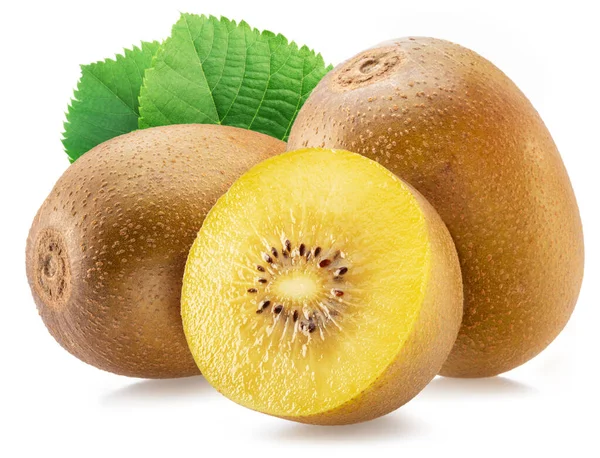 Gyllene Kiwi Frukt Korsklipp Kiwi Gröna Blad Isolerade Vit Bakgrund — Stockfoto