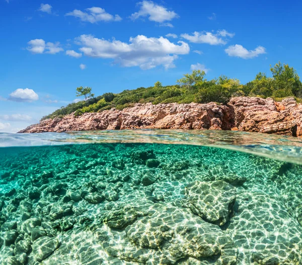 Split view - half underwater view of beautiful seabed and rocky coastline with pine trees, Turkey, Bodrum.