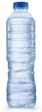 Plastic bottle of chilled water with condensation drops. File contains clipping path.