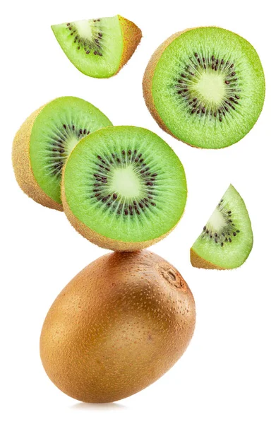 Kiwi Früchte Und Kiwi Scheiben Fliegen Isoliert Der Luft Auf — Stockfoto