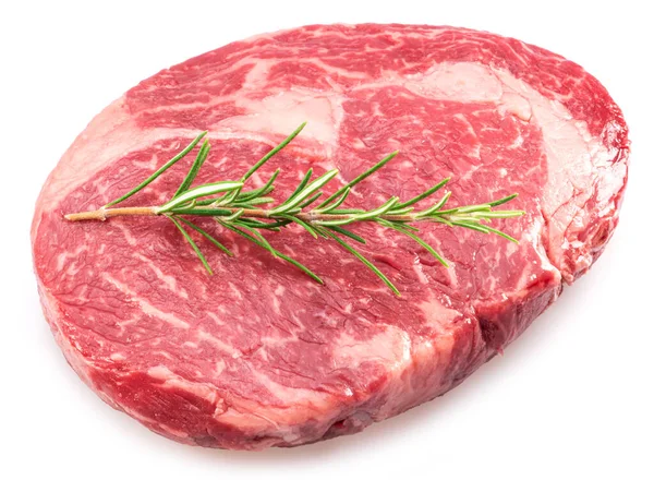 Rauwe Ribeye Biefstuk Met Rozemarijn Takje Erop Witte Achtergrond Bovenaanzicht — Stockfoto