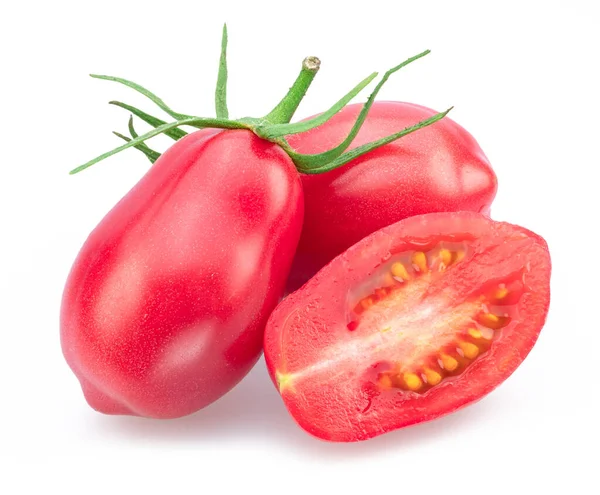 Roze Tomaten Pruimen Met Tomatenschijfje Geïsoleerd Witte Achtergrond — Stockfoto