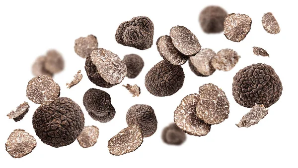 Summer Truffles Truffle Slices Levitating Flying Air White Background — Stock Photo, Image