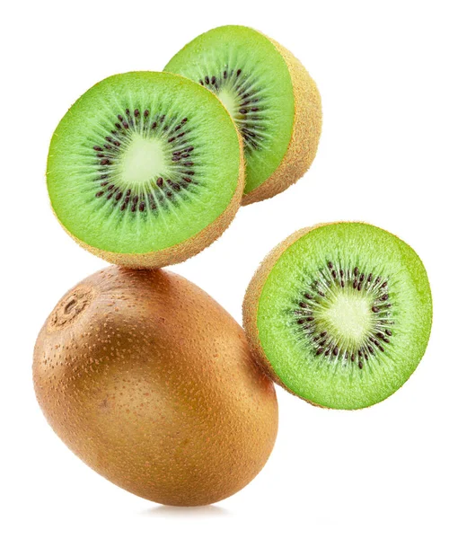 Kiwi Vruchten Kiwi Schijfjes Vliegen Lucht Geïsoleerd Witte Achtergrond — Stockfoto