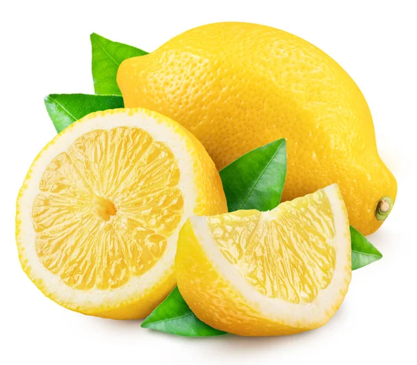 Limon Dilimleri Beyaz Arka Planda Yapraklarla Olgun Limon Meyveleri Dosya — Stok fotoğraf