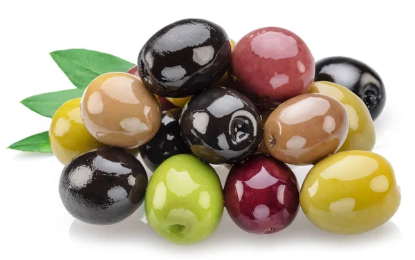 Kalamata Olives Vertes Noires Isolées Sur Fond Blanc — Photo