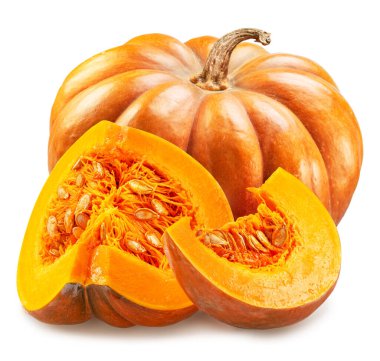 Orange round pumpkin and pumpkin slices isolated on white background.  clipart