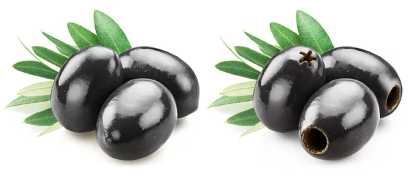 Černé Vypeckované Olivy Celé Černé Olivy Listy Izolovanými Bílém Pozadí — Stock fotografie