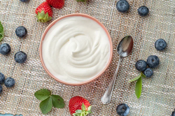 Ceramic Bowl Plain Yoghurt Berries Table Light Summer Mood — Stock Photo, Image