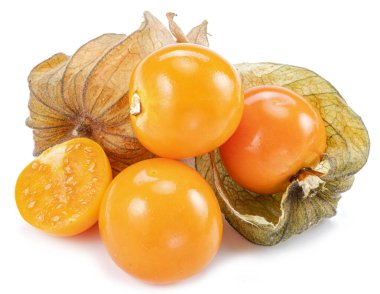 Beyaz arka planda izole edilmiş calyx cinsinden olgun bitki salatası ya da altın çilek..