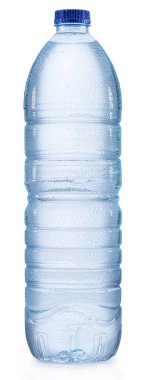Plastic bottle of chilled water with condensation drops. File contains clipping path.