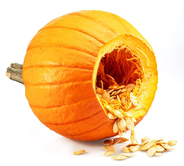 Orange Rund Pumpa Har Skurits Runt Stam Med Pumpafrön Inuti — Stockfoto