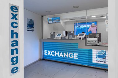 Madrid, Spain; September 15 2021: Business for exchange of currency and banknotes into local money in Madrid