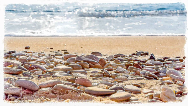 Digital Watercolour Different Polished Rounded Pebbles Sand Beach Blue Background — Stock Photo, Image