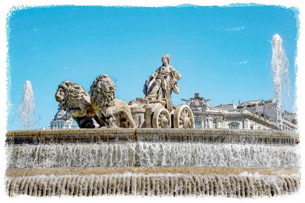 Цифровая Акварель Самого Символического Фонтана Мадрида Расположенного Центре Города — стоковое фото
