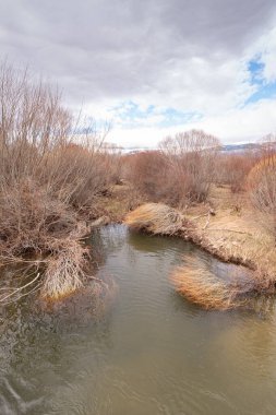Dağlar, Lozoya del Valle, İspanya 'da bulutlu bir günde nehre yansıdı.