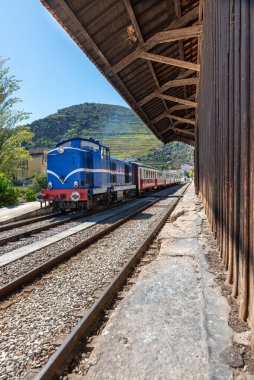 Portekiz 'deki Pinhao yolunda şehvetli bir trenle güzel bir manzara.