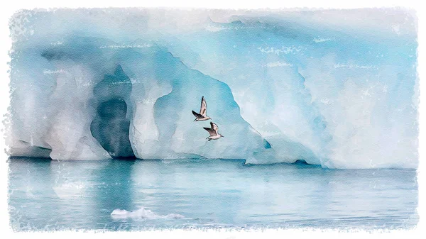 Bílí Ptáci Létají Mezi Modrým Ledem Akvarel Styl Royalty Free Stock Obrázky