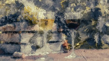 Bir demet kırmızı beyaz üzümlü, üzüm bağında gözlüklü, yağlı boyalı...