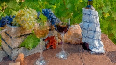 Üzüm bağında şarap ve bardaklarla dolu kırmızı ve beyaz üzüm demeti, yağlı boya boya.