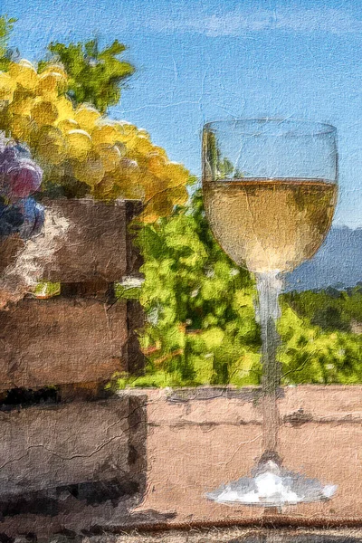 Bir avuç kırmızı beyaz üzümlü, üzüm bağında bir bardak yağlı boya.
