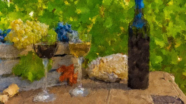 Still Life Red White Grape Bunch Bottle Wine Glasses Vineyard — 스톡 사진