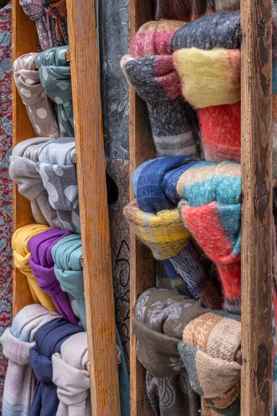 Natural Wool Knitted Colorful Scarves Shelf — Stok Foto