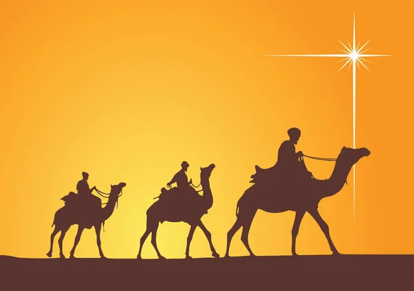 Los Tres Reyes Magos Siguen Estrella Para Encontrar Niño Jesús — Vector de stock