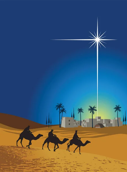 Los Tres Reyes Magos Siguen Estrella Para Encontrar Niño Jesús — Vector de stock