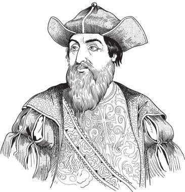 Ünlü Vasco de Gama, 1498 'de Ümit Burnu' nu turladı ve Malabar kıyısındaki Calicut 'a yelken açtı. Vektör illüstrasyonu