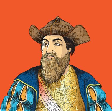 Vasco de Gama, 1498 'de Ümit Burnu' nu turladı ve Malabar kıyısındaki Calicut 'a yelken açtı. Vektör illüstrasyonu