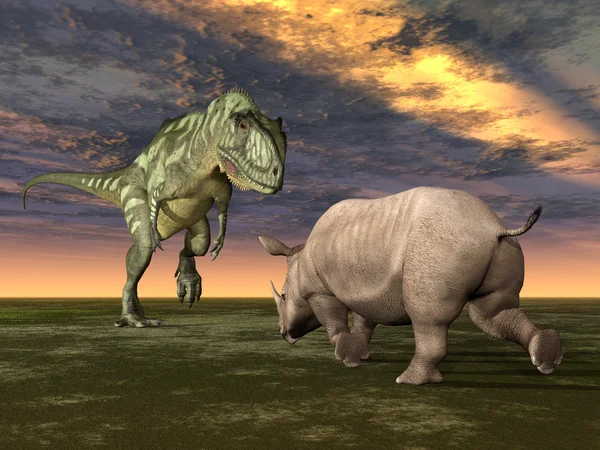Dinosaur Yangchuanosaurus with Rhinoceros — Stock Photo, Image